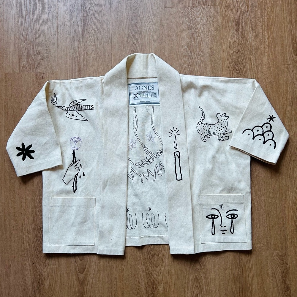 Agnes Workshop Mexico Women's Haori Agnes Raw Denim Embroidered Sz XXS - 2